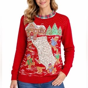 Vintage Unisex Red Holiday Sweatshirt with Gingerbread Scene